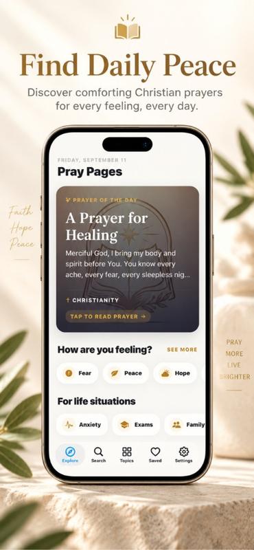 Pray Pages on iPhone showing a Christian Prayer of the Day for healing