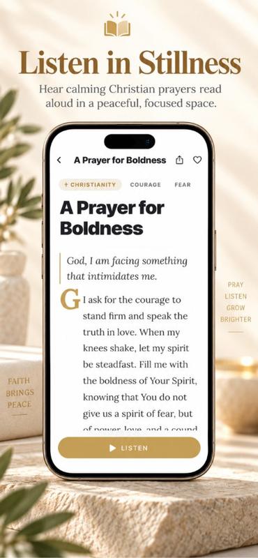 Pray Pages on iPhone with Listen playing a Christian prayer for boldness