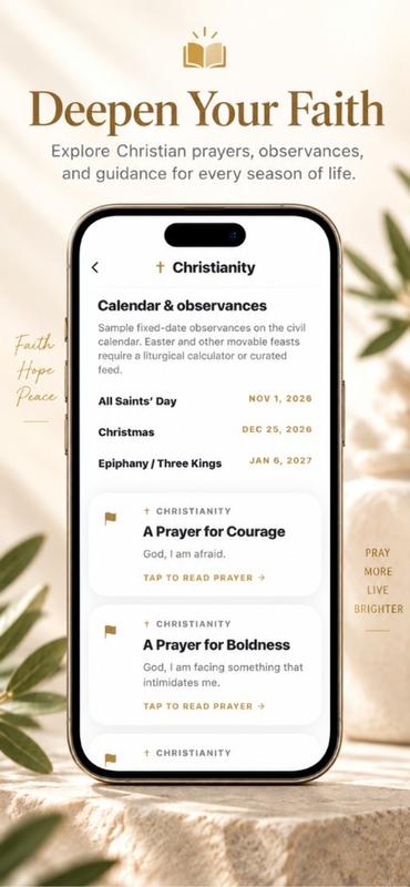 Pray Pages on iPhone showing Christianity calendar observances and prayers
