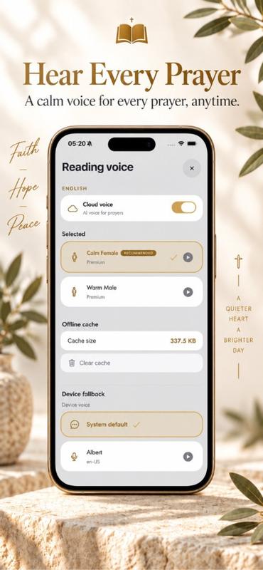 Pray Pages on iPhone showing reading voice options for Listen
