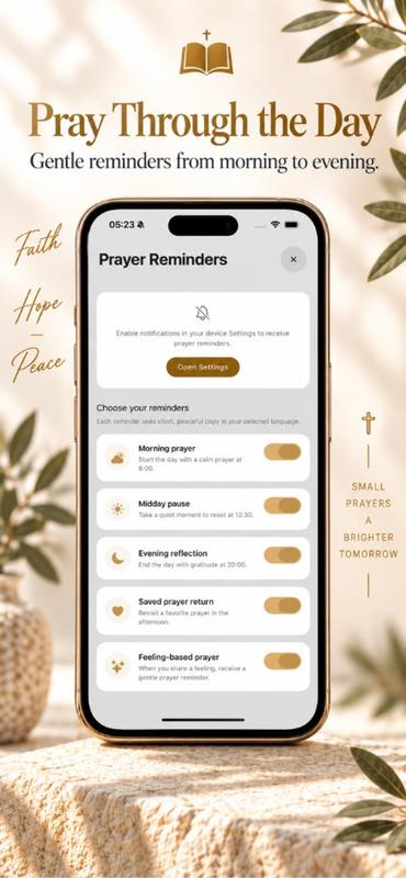 Pray Pages on iPhone showing gentle Christian prayer reminders through the day