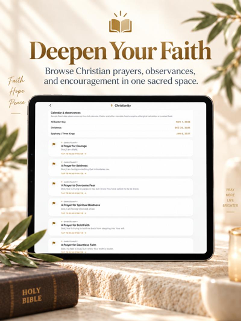 Pray Pages on iPad showing Christianity calendar observances and prayers