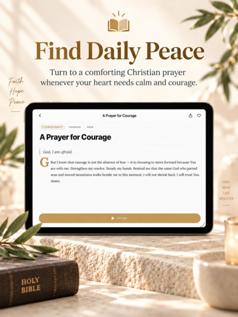 Pray Pages on iPad showing a Christian prayer for courage with Listen