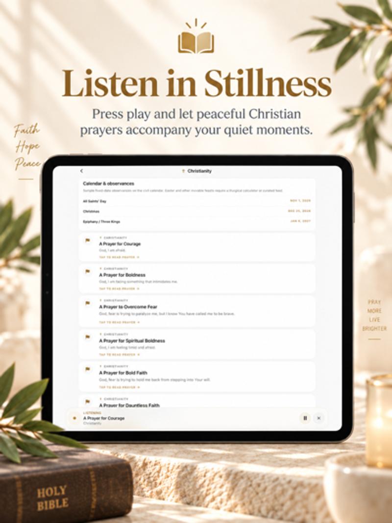 Pray Pages on iPad playing a Christian prayer while browsing observances
