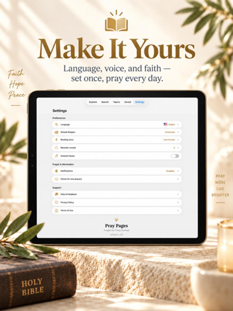 Pray Pages on iPad settings for language, tradition, and reading voice