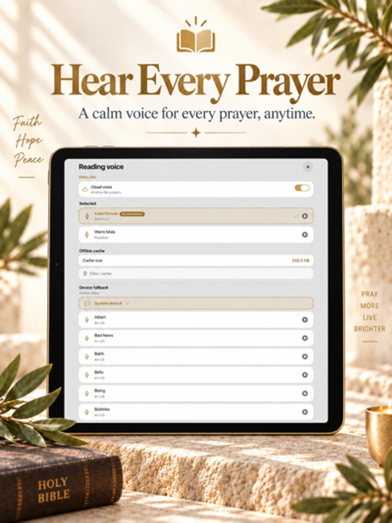 Pray Pages on iPad showing reading voice options for Listen