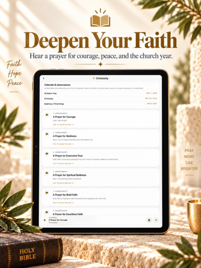 Pray Pages on iPad with Christianity observances and a prayer playing