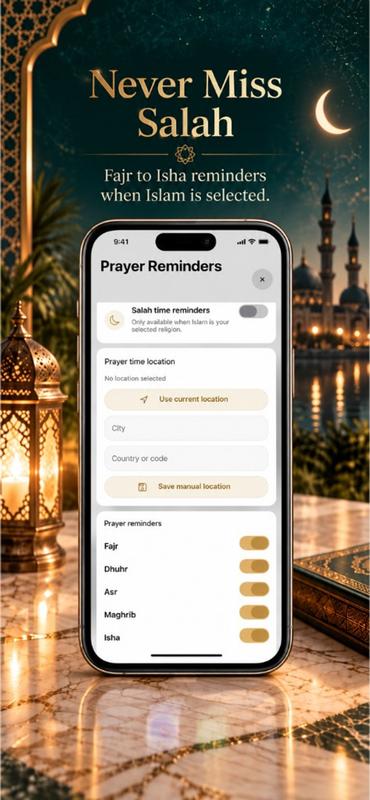 Pray Pages on iPhone showing Fajr to Isha salah reminders when Islam is selected