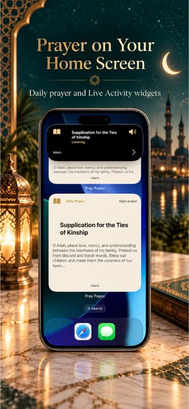 Pray Pages iPhone widgets showing an Islamic daily prayer and Live Activity