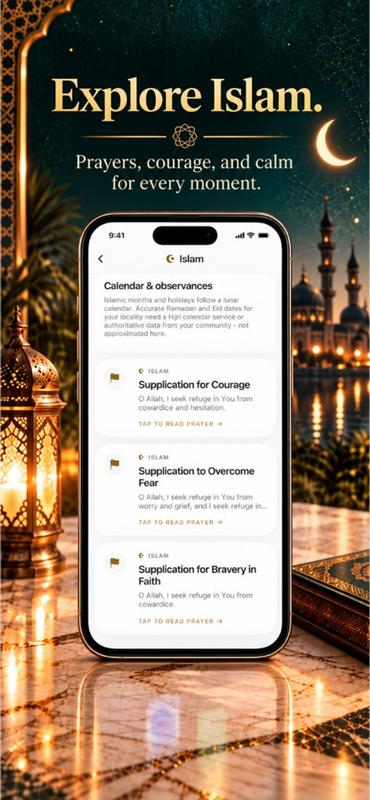Pray Pages on iPhone showing Islam calendar observances and prayers