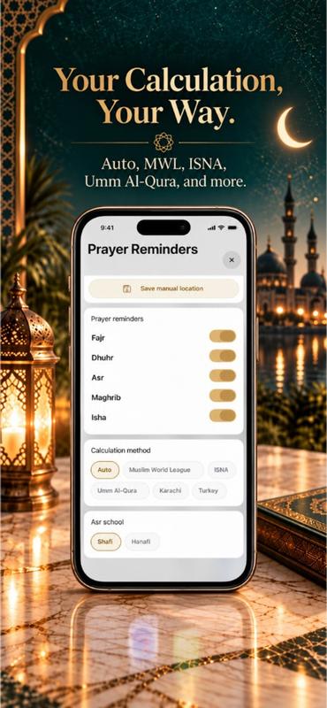 Pray Pages on iPhone showing salah calculation methods such as MWL, ISNA, and Umm Al-Qura
