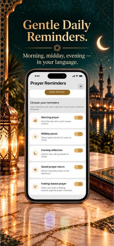 Pray Pages on iPhone showing gentle Islamic prayer reminders through the day