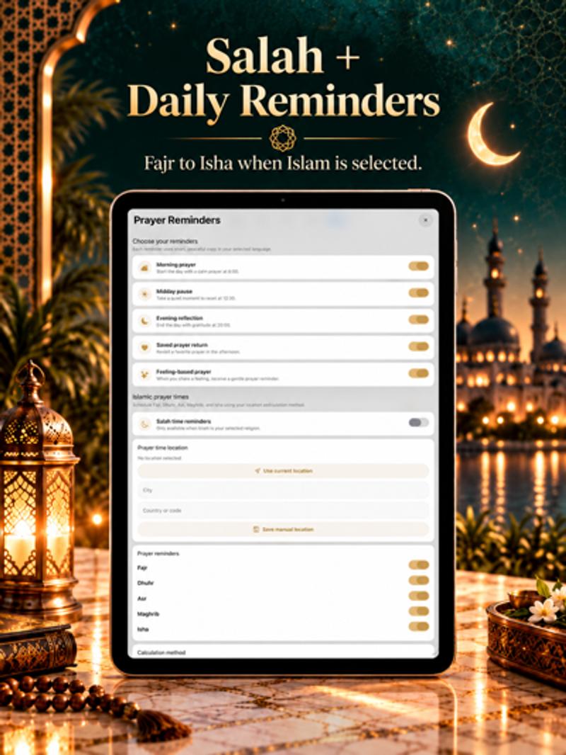 Pray Pages on iPad showing salah and daily reminders when Islam is selected