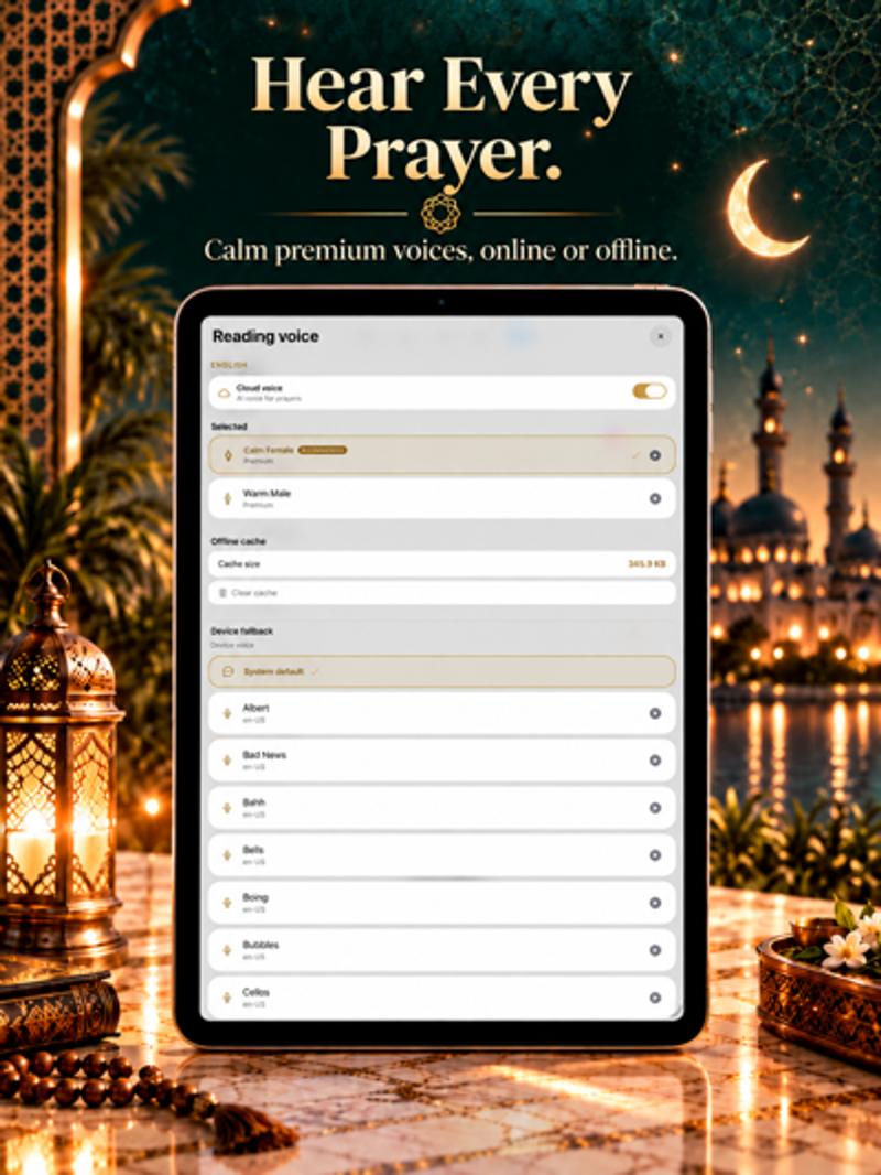 Pray Pages on iPad showing reading voice options for Islamic prayers