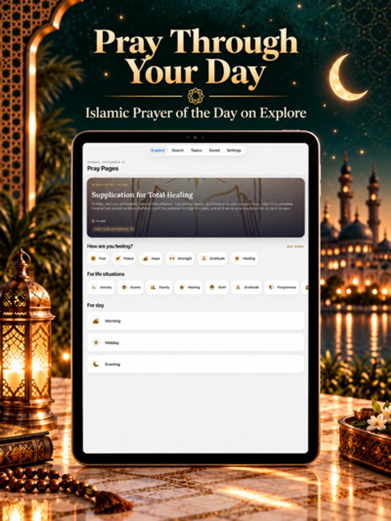 Pray Pages on iPad showing an Islamic Prayer of the Day on Explore
