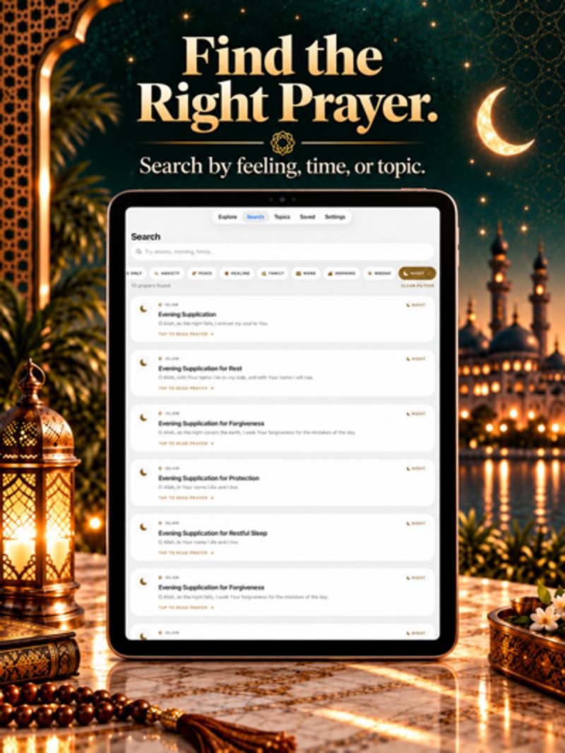 Pray Pages on iPad searching Islamic prayers by feeling or topic