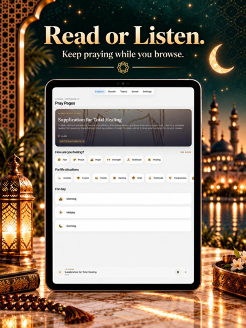 Pray Pages on iPad with Listen playing while browsing Islamic prayers