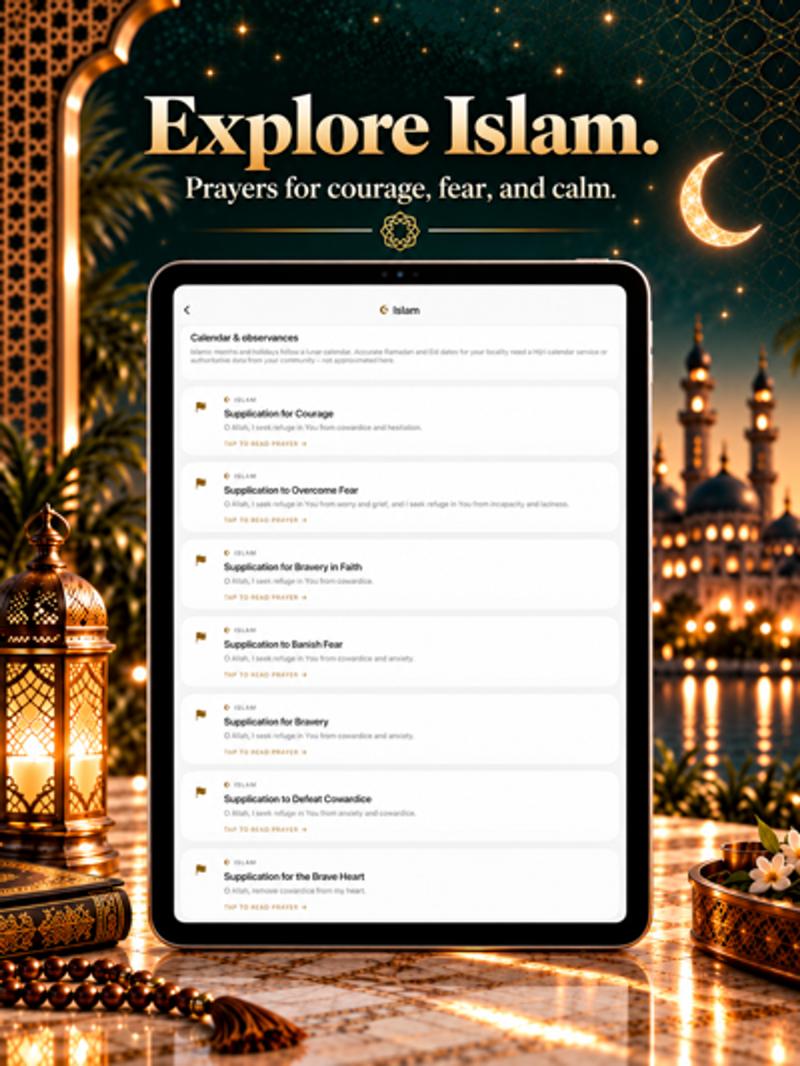 Pray Pages on iPad showing Islam calendar observances and prayers