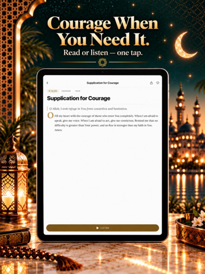 Pray Pages on iPad showing an Islamic prayer for courage with Listen